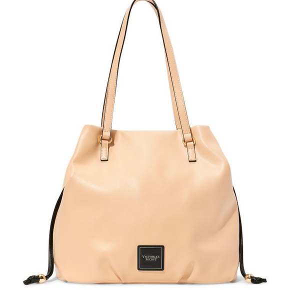 NEW! VICTORIA'S SECRET CINCH TOP BARE TOTE PURSE BAG SHOULDER BEIGE GOLD HANDBAG - Picture 3 of 8